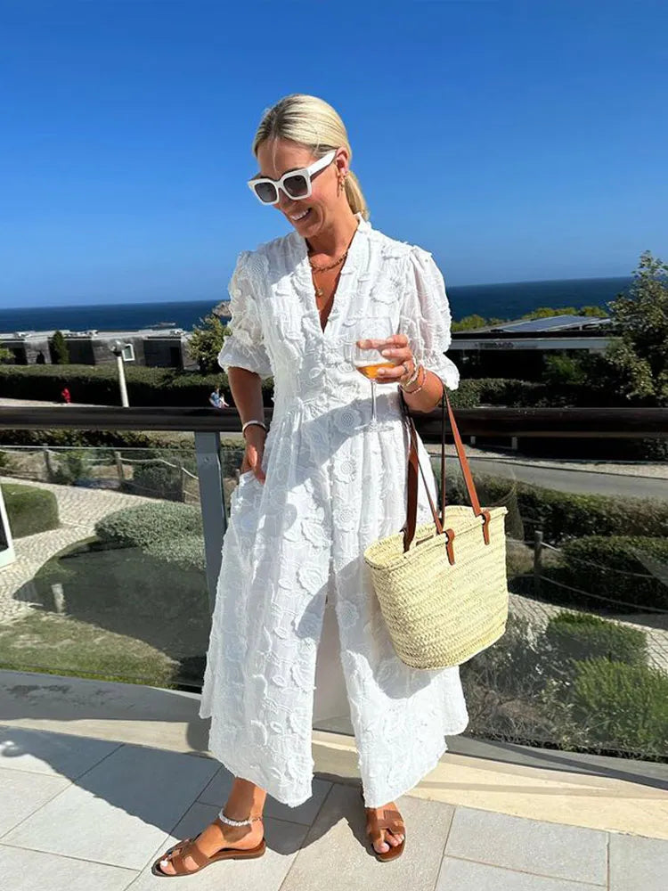 Vestido Longo Branco Rosas