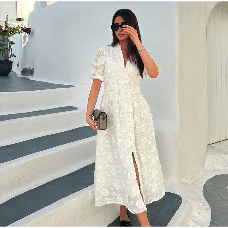 Vestido Longo Branco Rosas
