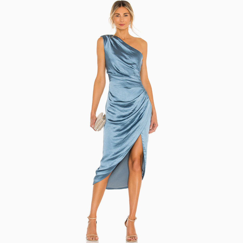 Vestido Midi Satinado com Ombro Único