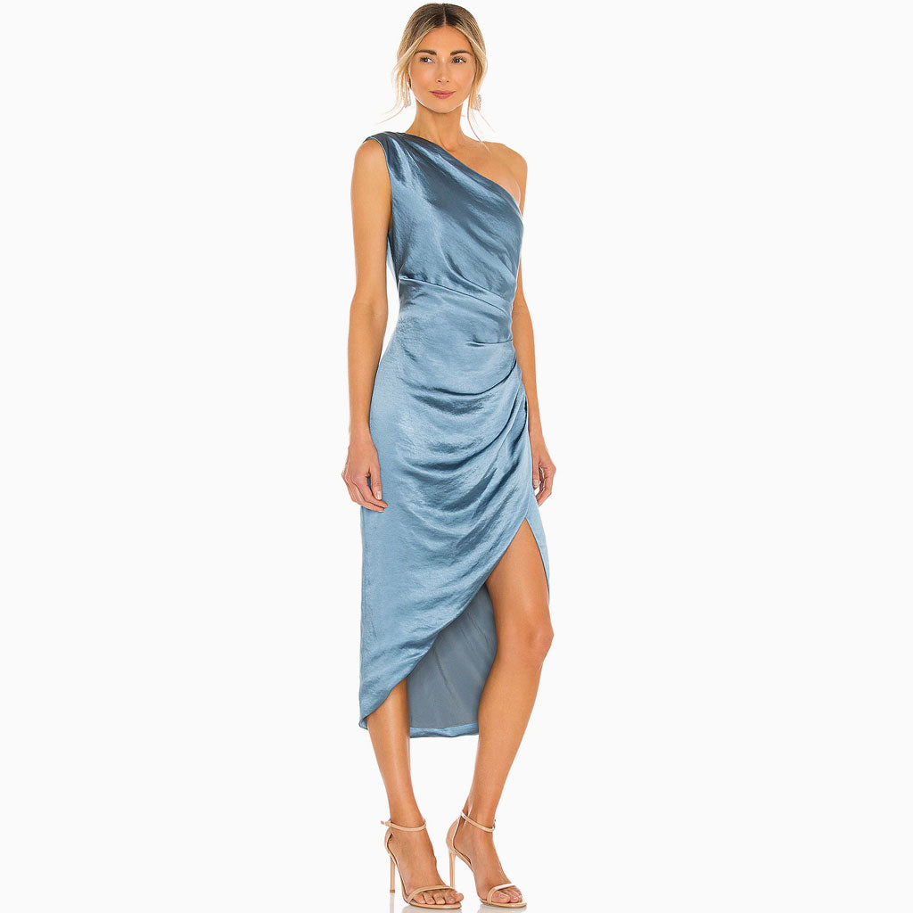 Vestido Midi Satinado com Ombro Único