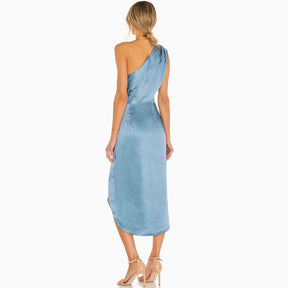 Vestido Midi Satinado com Ombro Único